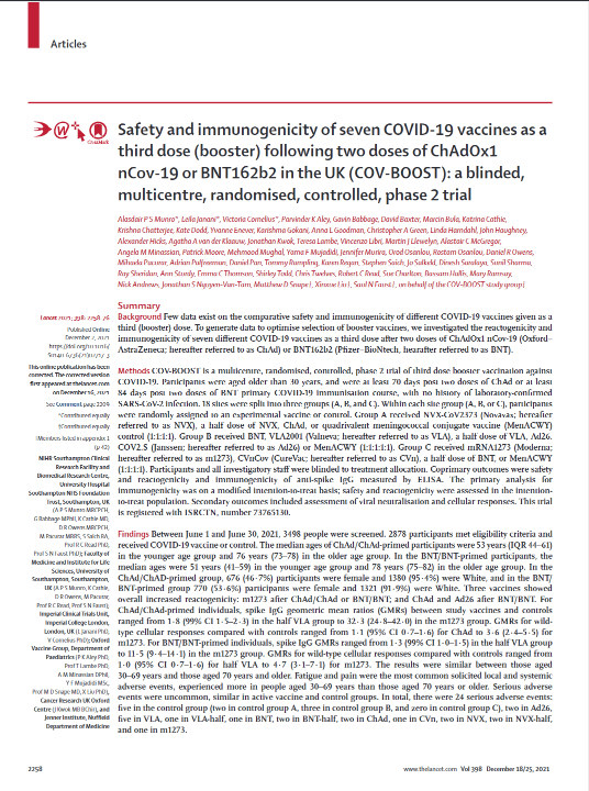Safety and immunogenicity of seven COVID-19 vaccines as a third dose (booster) following two doses of ChAdOx1 nCov-19 or BNT162b2 in the UK (COV-BOOST): a blinded, multicentre, randomised, controlled, phase 2 trial