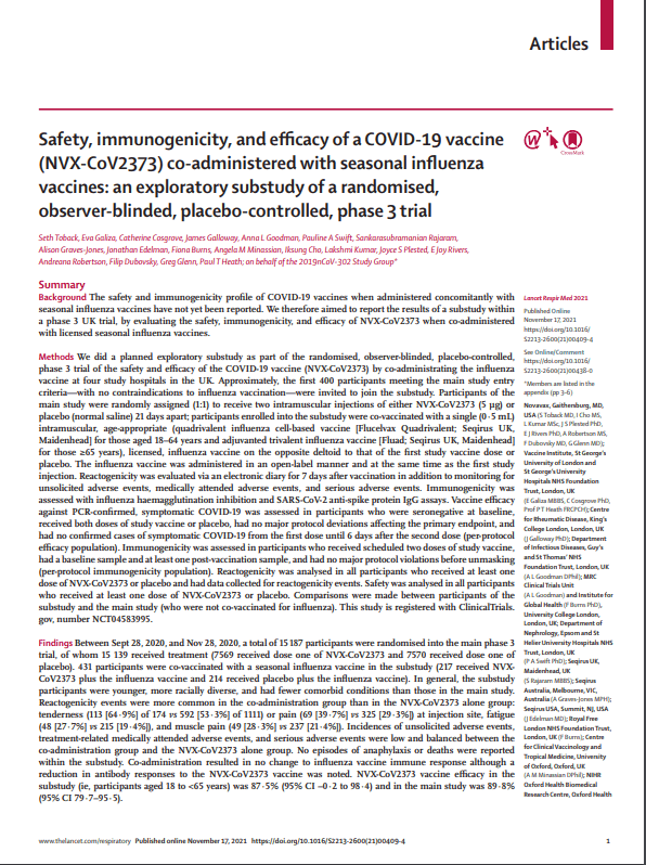Safety, immunogenicity, and efficacy of a COVID-19 vaccine (NVX-CoV2373) co-administered with seasonal influenza vaccines: an exploratory substudy of a randomised, observer-blinded, placebo-controlled, phase 3 trial 
